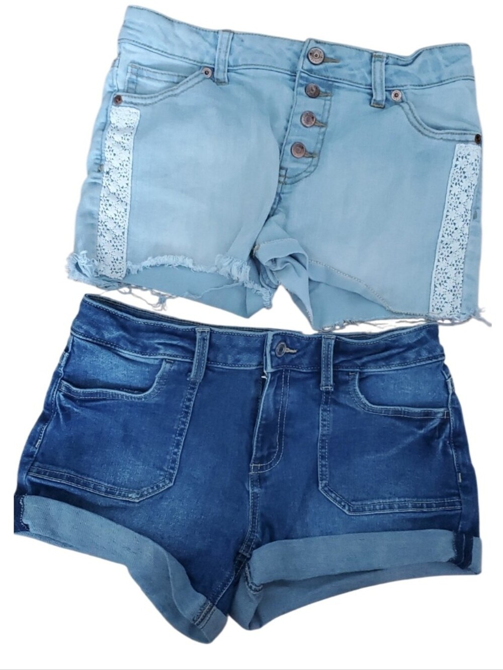 2 Pair Denim Shorts Girls 10-12 Cat & Jack Light Blue Lace & SO Dark Blue